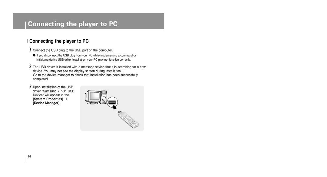 Samsung YP-U1X/ELS, YP-U1V/ELS manual Connecting the player to PC, Connect the USB plug to the USB port on the computer 