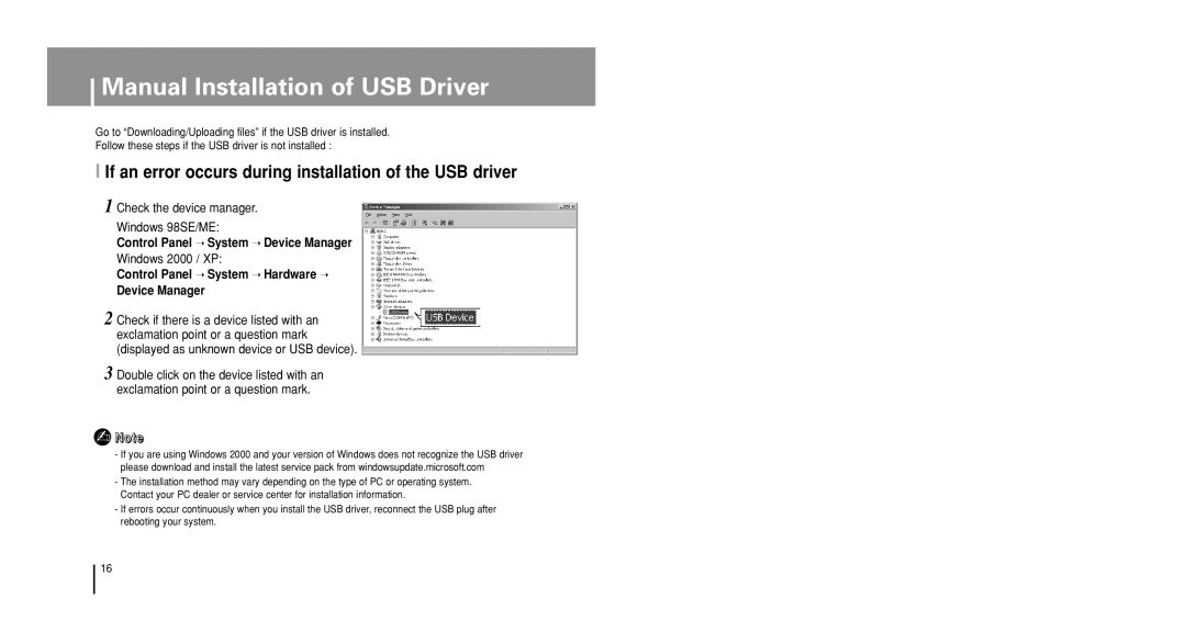 Samsung YP-U1QW/ELS manual Manual Installation of USB Driver, If an error occurs during installation of the USB driver 