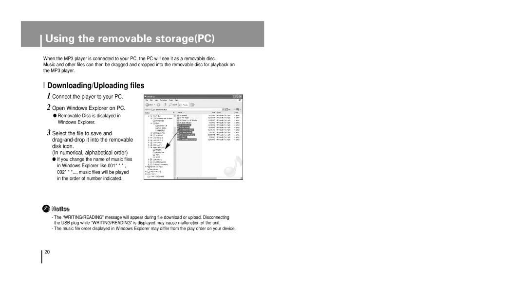 Samsung YP-U1V/ELS, YP-U1Z/ELS, YP-U1VW/ELS, YP-U1QB/ELS manual Using the removable storagePC, Downloading/Uploading files 