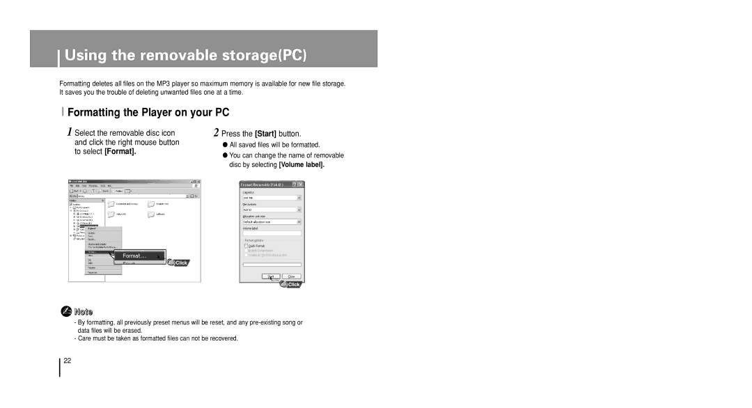 Samsung YP-U1VW/ELS manual Formatting the Player on your PC, Press the Start button, All saved files will be formatted 