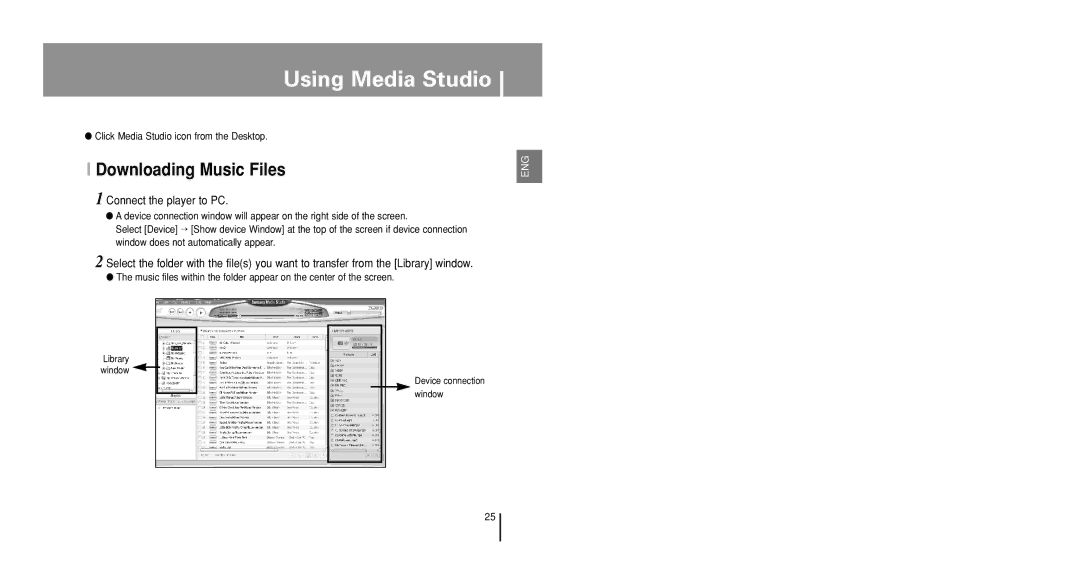 Samsung YP-U1VR/ELS, YP-U1V/ELS Using Media Studio, Connect the player to PC, Click Media Studio icon from the Desktop 