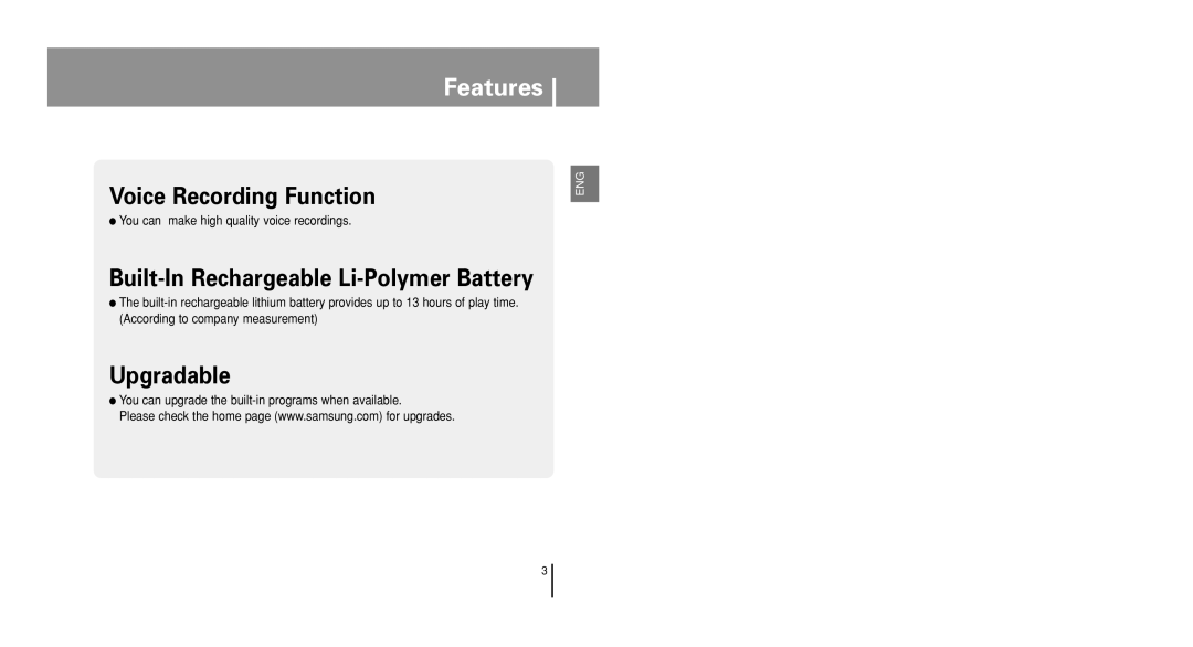 Samsung YP-U1QB/ELS manual You can make high quality voice recordings, You can upgrade the built-in programs when available 