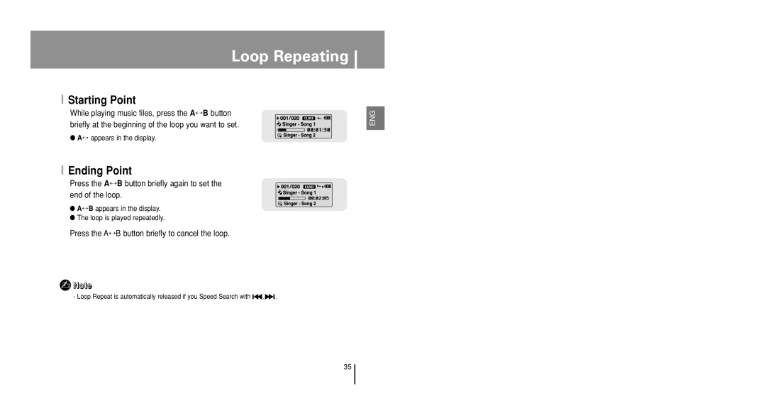 Samsung YP-U1VR/ELS manual Loop Repeating, Starting Point, Ending Point, Press the A↔B button briefly to cancel the loop 