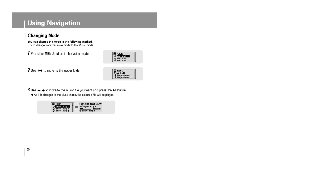 Samsung YP-U1XB/XFO, YP-U1V/ELS, YP-U1Z/ELS, YP-U1VW/ELS Changing Mode, Ex To change from the Voice mode to the Music mode 