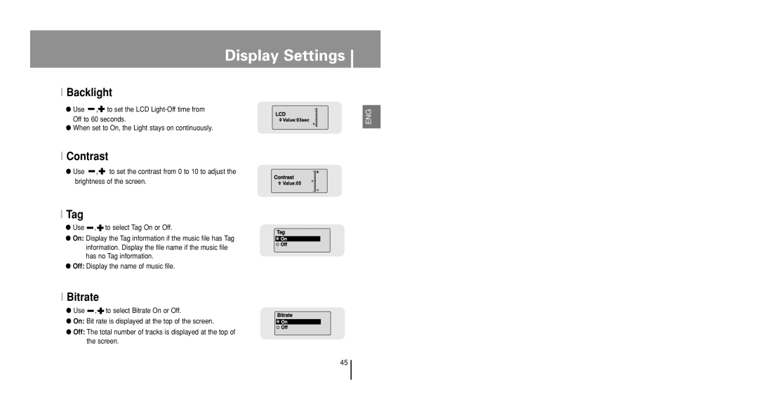 Samsung YP-U1VR/ELS, YP-U1V/ELS, YP-U1Z/ELS, YP-U1VW/ELS, YP-U1QB/ELS, YP-U1X/ELS, YP-U1Z/XFO Backlight, Contrast, Tag, Bitrate 