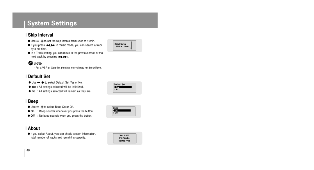 Samsung YP-U1XB/XFO, YP-U1V/ELS, YP-U1Z/ELS manual Skip Interval, Default Set, About, Use , to select Beep On or Off 