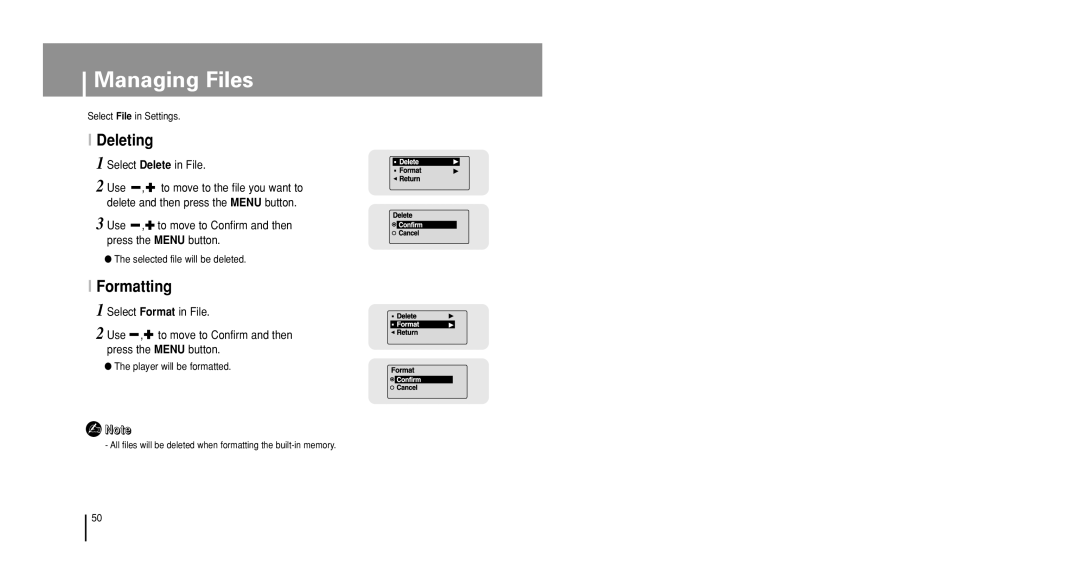 Samsung YP-U1V/ELS, YP-U1Z/ELS, YP-U1VW/ELS, YP-U1QB/ELS manual Managing Files, Deleting, Formatting, Select Delete in File 