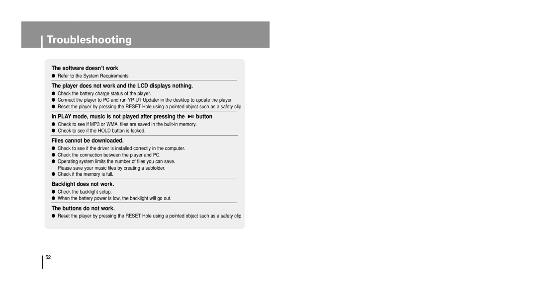 Samsung YP-U1VW/ELS, YP-U1V/ELS, YP-U1Z/ELS Troubleshooting, Refer to the System Requirements, Check if the memory is full 