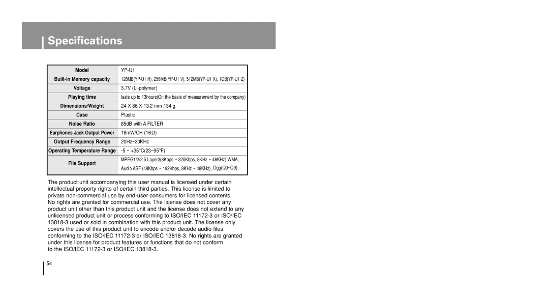 Samsung YP-U1X/ELS, YP-U1V/ELS, YP-U1Z/ELS, YP-U1VW/ELS, YP-U1QB/ELS, YP-U1VR/ELS, YP-U1QW/ELS, YP-U1ZB/XFO manual Specifications 