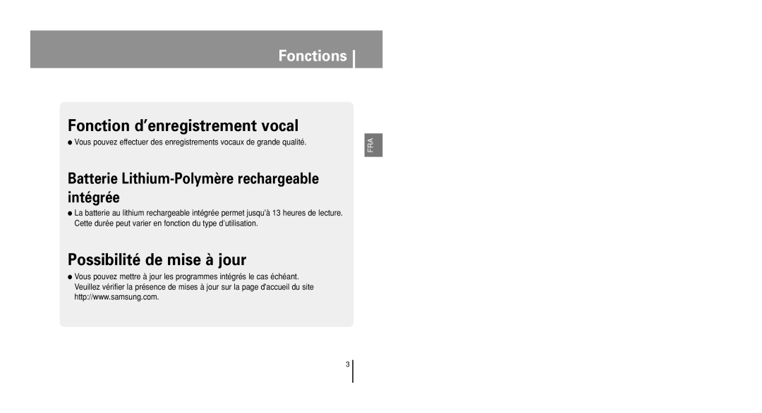 Samsung YP-U1QB/ELS, YP-U1V/ELS, YP-U1Z/ELS, YP-U1VW/ELS, YP-U1X/ELS, YP-U1VR/ELS manual Fonction d’enregistrement vocal 