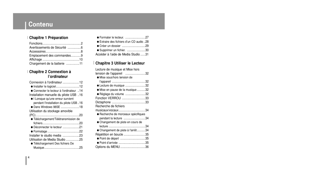 Samsung YP-U1X/ELS, YP-U1V/ELS, YP-U1Z/ELS, YP-U1VW/ELS, YP-U1QB/ELS, YP-U1VR/ELS manual Contenu, Chapître 1 Préparation 