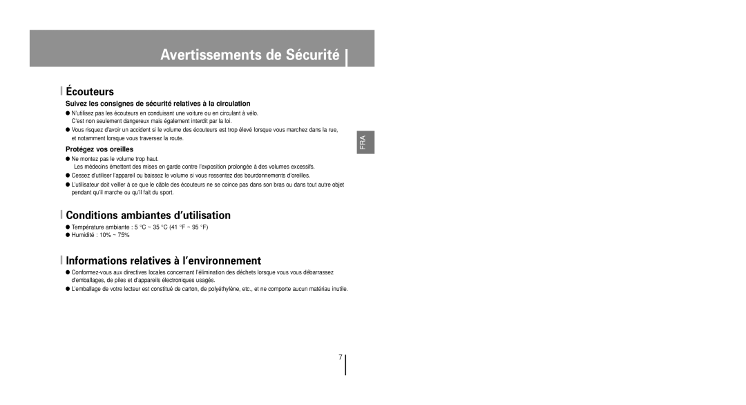 Samsung YP-U1Z/ELS, YP-U1V/ELS Écouteurs, Conditions ambiantes d’utilisation, Informations relatives à l’environnement 