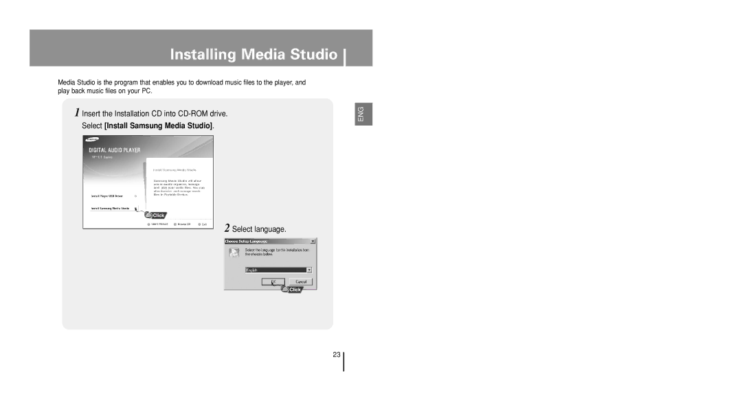 Samsung YP-U1QB/ELS, YP-U1V/ELS, YP-U1Z/ELS, YP-U1VW/ELS, YP-U1X/ELS, YP-U1VR/ELS Installing Media Studio, Select language 