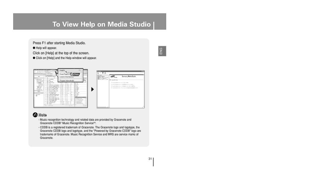 Samsung YP-U1VW/HAO, YP-U1V/ELS manual To View Help on Media Studio, Press F1 after starting Media Studio, Help will appear 