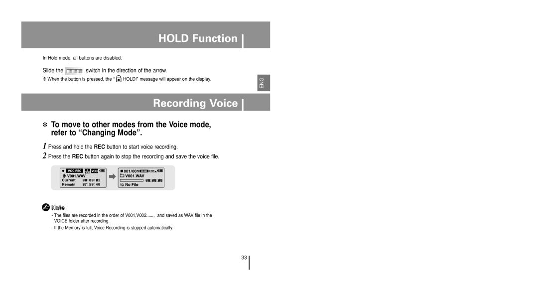 Samsung YP-U1XW/XSG, YP-U1V/ELS, YP-U1Z/ELS Hold Function, Recording Voice, Slide the switch in the direction of the arrow 