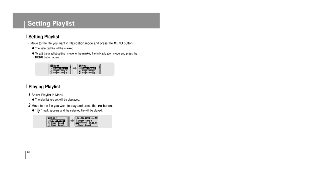 Samsung YP-U1V/ELS, YP-U1Z/ELS, YP-U1VW/ELS, YP-U1QB/ELS manual Setting Playlist, Playing Playlist, Select Playlist in Menu 