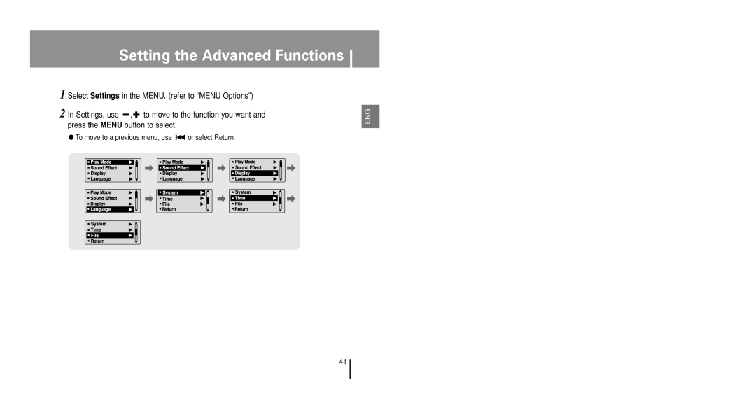 Samsung YP-U1Z/ELS, YP-U1V/ELS, YP-U1X/ELS Setting the Advanced Functions, To move to a previous menu, use or select Return 