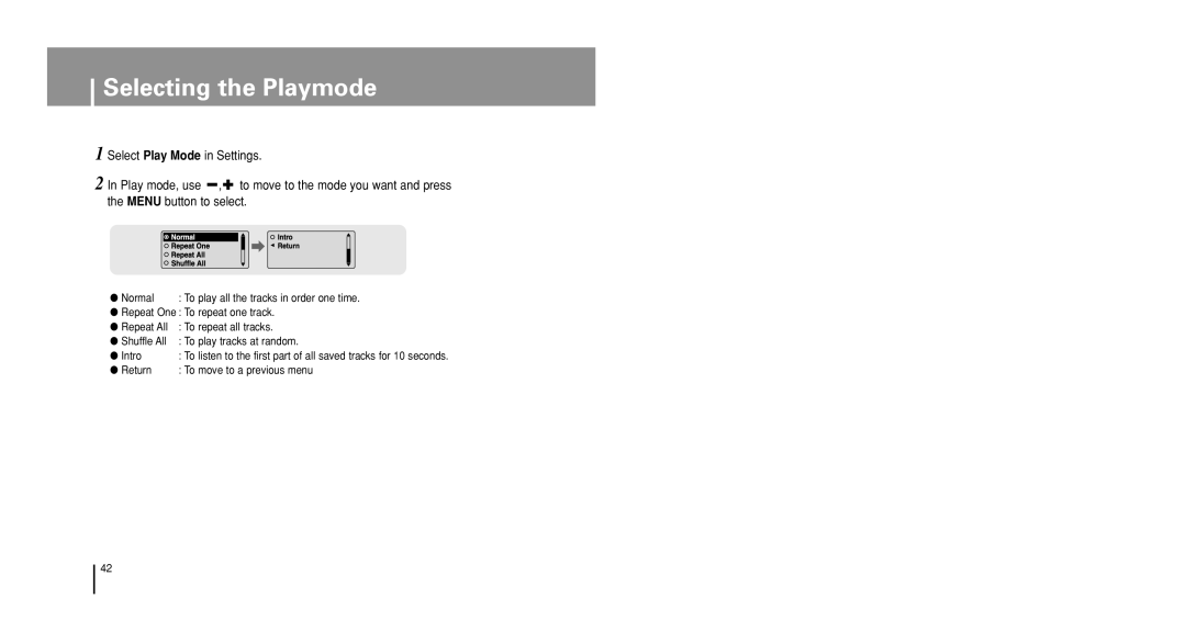 Samsung YP-U1VW/ELS, YP-U1V/ELS, YP-U1Z/ELS, YP-U1QB/ELS Selecting the Playmode, Normal, Return To move to a previous menu 