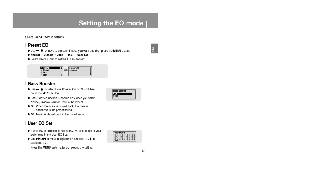 Samsung YP-U1QB/ELS, YP-U1V/ELS, YP-U1Z/ELS, YP-U1VW/ELS manual Setting the EQ mode, Preset EQ, Bass Booster, User EQ Set 