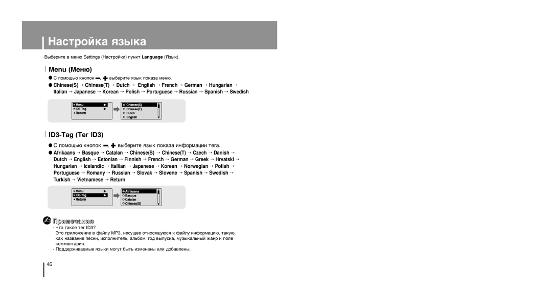 Samsung YP-U1XB/XFO manual ‡Òúóèí‡ ˇá˚Í‡, Menu ÃÂÌ˛, ID3-Tag Â„ ID3, ÔÓÏÓ˘¸˛ Íìóôóí , ‚˚·ÂËÚÂ ˇÁ˚Í ÔÓÍ‡Á‡ ËÌÙÓÏ‡ˆËË ÚÂ„‡ 