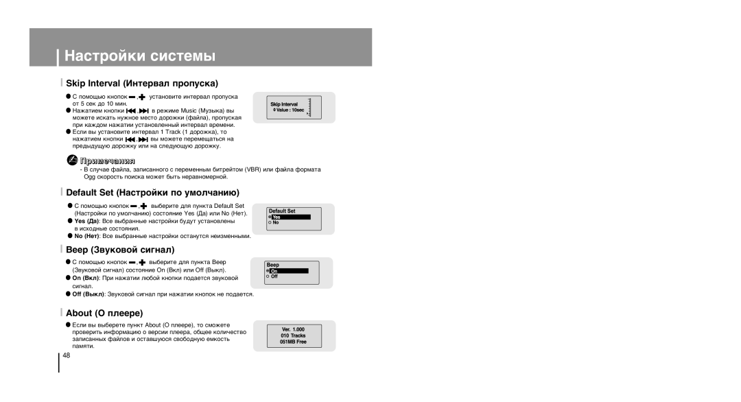 Samsung YP-U1ZB/XFO, YP-U1XB/XFO Skip Interval »ÌÚÂ‚‡Î ÔÓÔÛÒÍ‡, Default Set Õ‡ÒÚÓÈÍË ÔÓ ÛÏÓÎ˜‡ÌË˛, Beep «‚ÛÍÓ‚ÓÈ ÒË„Ì‡Î 