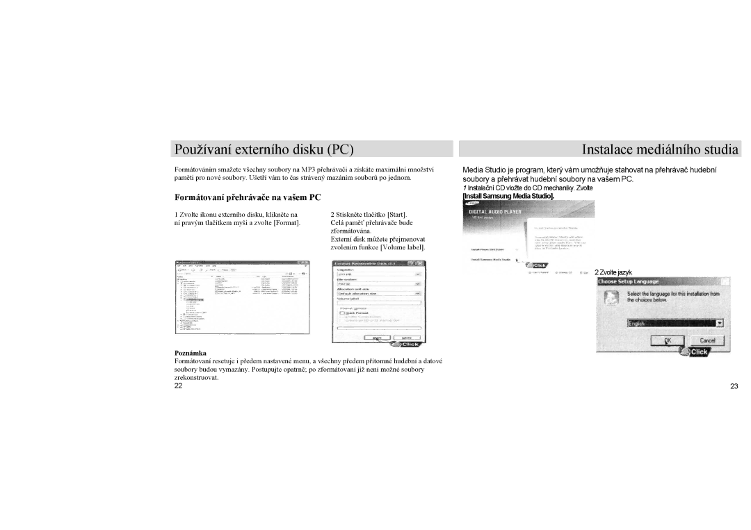 Samsung YP-U1Z/ELS Instalace mediálního studia, Formátovaní přehrávače na vašem PC, Install Samsung Media Studio, Poznámka 