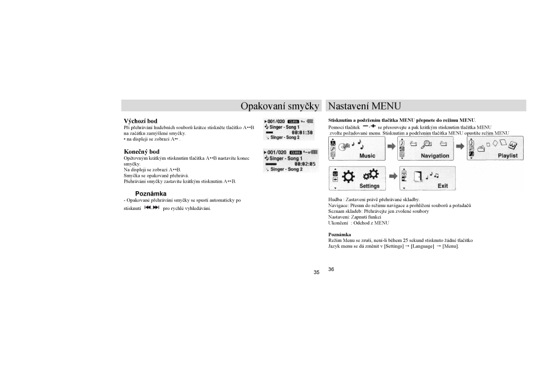 Samsung YP-U1X/ELS, YP-U1Z/ELS, YP-U1QB/ELS manual Opakovaní smyčky Nastavení Menu, Výchozí bod, Konečný bod 