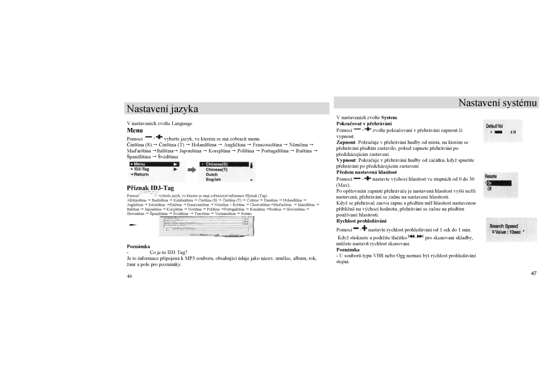 Samsung YP-U1Z/ELS, YP-U1QB/ELS, YP-U1X/ELS manual Nastavení jazyka, Nastavení systému, Menu, Příznak ID3-Tag 