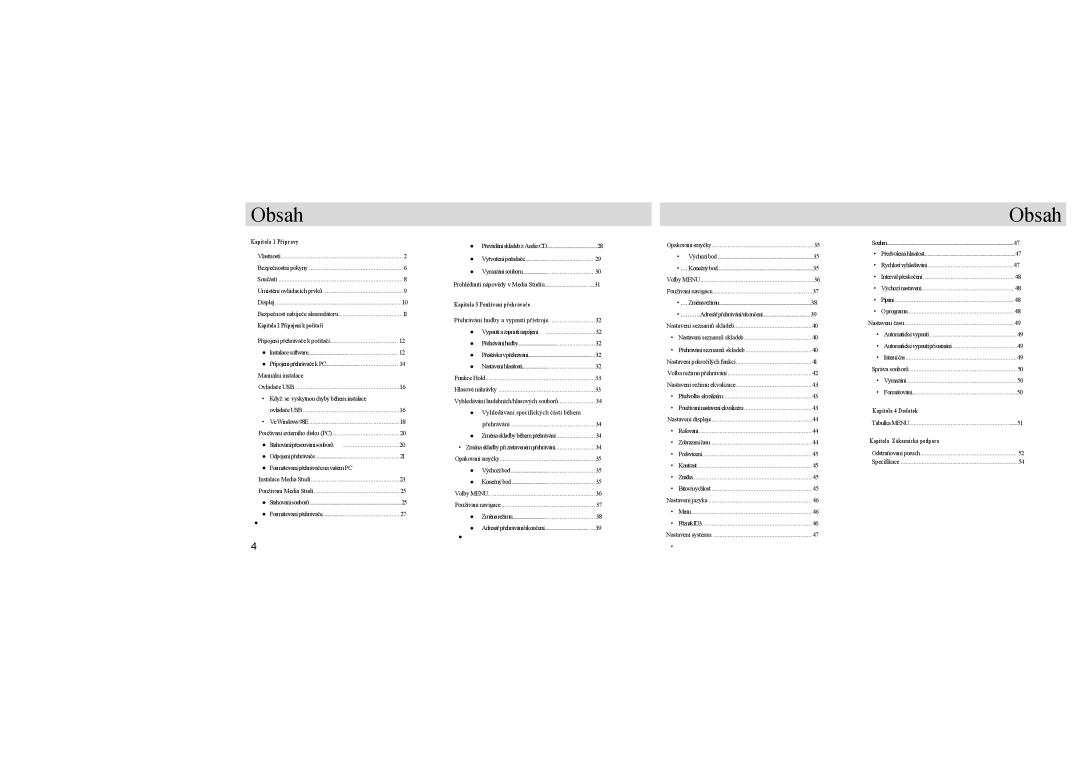 Samsung YP-U1Z/ELS, YP-U1QB/ELS, YP-U1X/ELS manual Obsah, Kapitola 1 Přípravy 