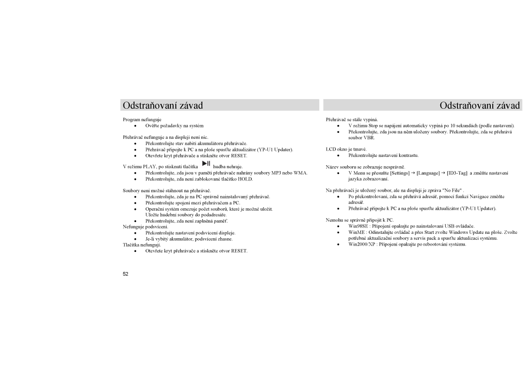 Samsung YP-U1Z/ELS, YP-U1QB/ELS, YP-U1X/ELS manual Odstraňovaní závad 