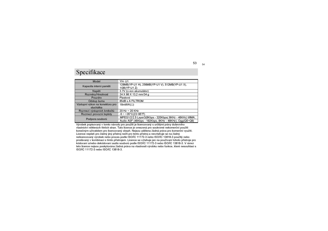 Samsung YP-U1QB/ELS, YP-U1Z/ELS, YP-U1X/ELS manual Specifikace 