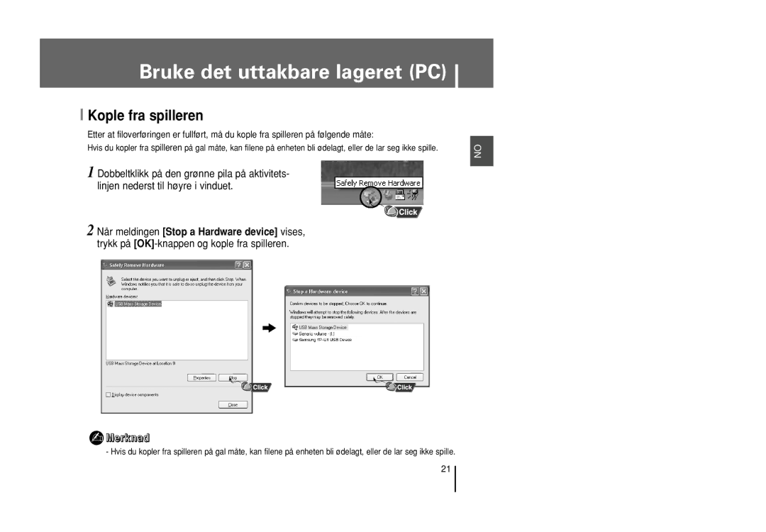 Samsung YP-U1X/ELS, YP-U1Z/ELS manual Kople fra spilleren 