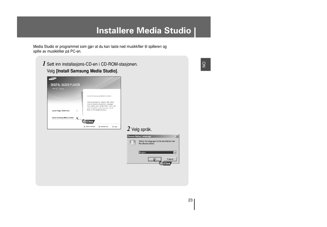 Samsung YP-U1X/ELS, YP-U1Z/ELS manual Installere Media Studio, Velg Install Samsung Media Studio 