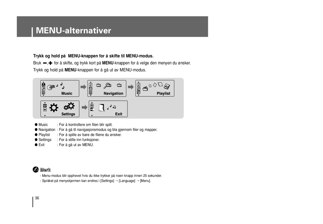 Samsung YP-U1Z/ELS, YP-U1X/ELS manual MENU-alternativer, Trykk og hold på MENU-knappen for å skifte til MENU-modus 