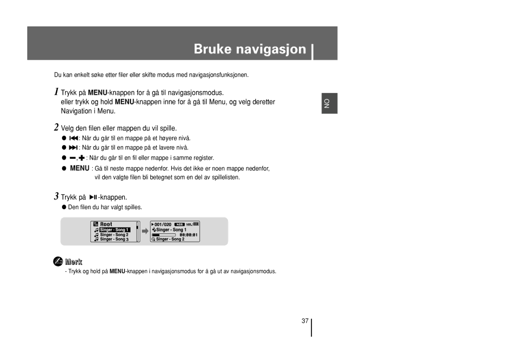 Samsung YP-U1X/ELS, YP-U1Z/ELS manual Bruke navigasjon 