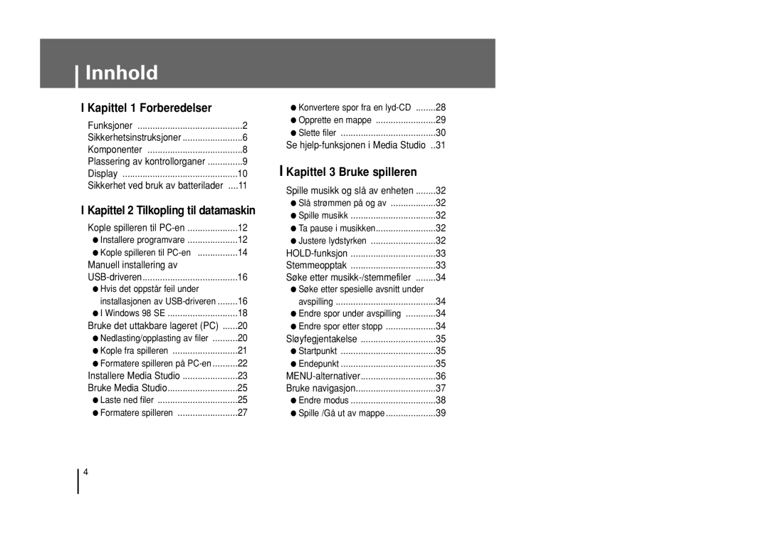 Samsung YP-U1Z/ELS, YP-U1X/ELS manual Innhold, Kapittel 2 Tilkopling til datamaskin 