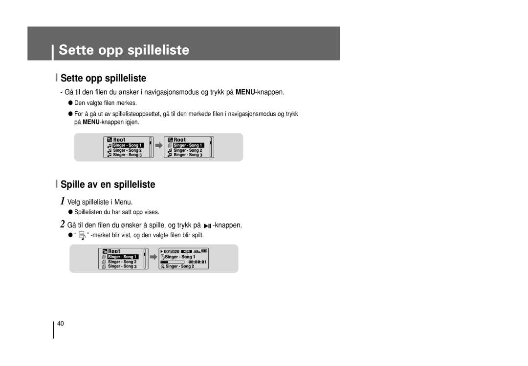 Samsung YP-U1Z/ELS, YP-U1X/ELS manual Sette opp spilleliste, Spille av en spilleliste 