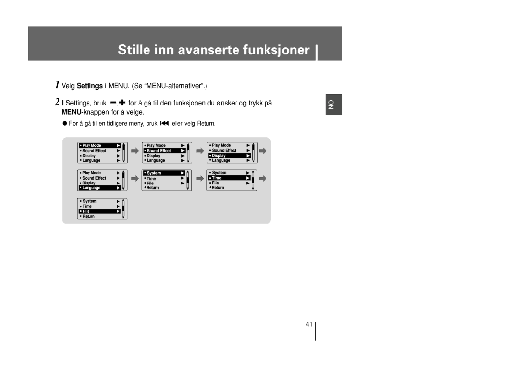 Samsung YP-U1X/ELS, YP-U1Z/ELS manual Stille inn avanserte funksjoner 