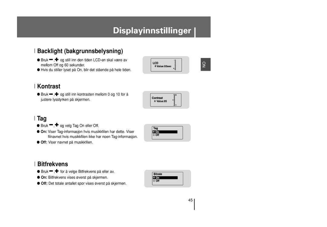 Samsung YP-U1X/ELS, YP-U1Z/ELS manual Backlight bakgrunnsbelysning, Kontrast, Tag, Bitfrekvens 