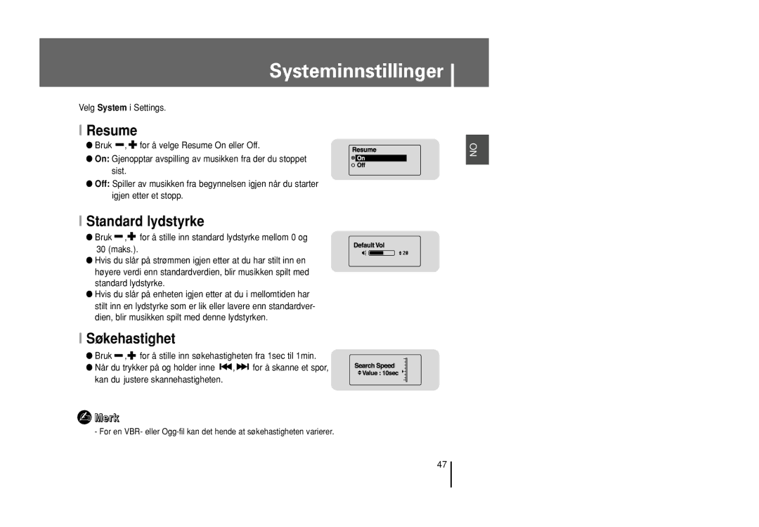 Samsung YP-U1X/ELS, YP-U1Z/ELS manual Systeminnstillinger, Resume, Standard lydstyrke, Søkehastighet 