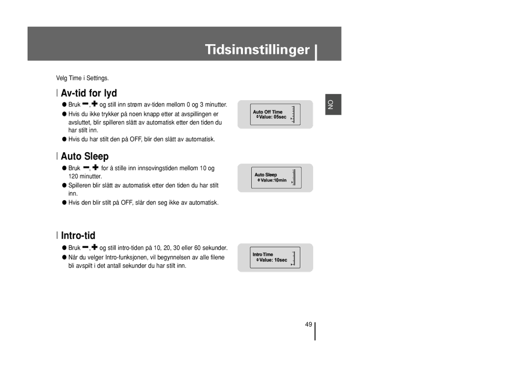 Samsung YP-U1X/ELS, YP-U1Z/ELS manual Tidsinnstillinger, Av-tid for lyd, Auto Sleep, Intro-tid 