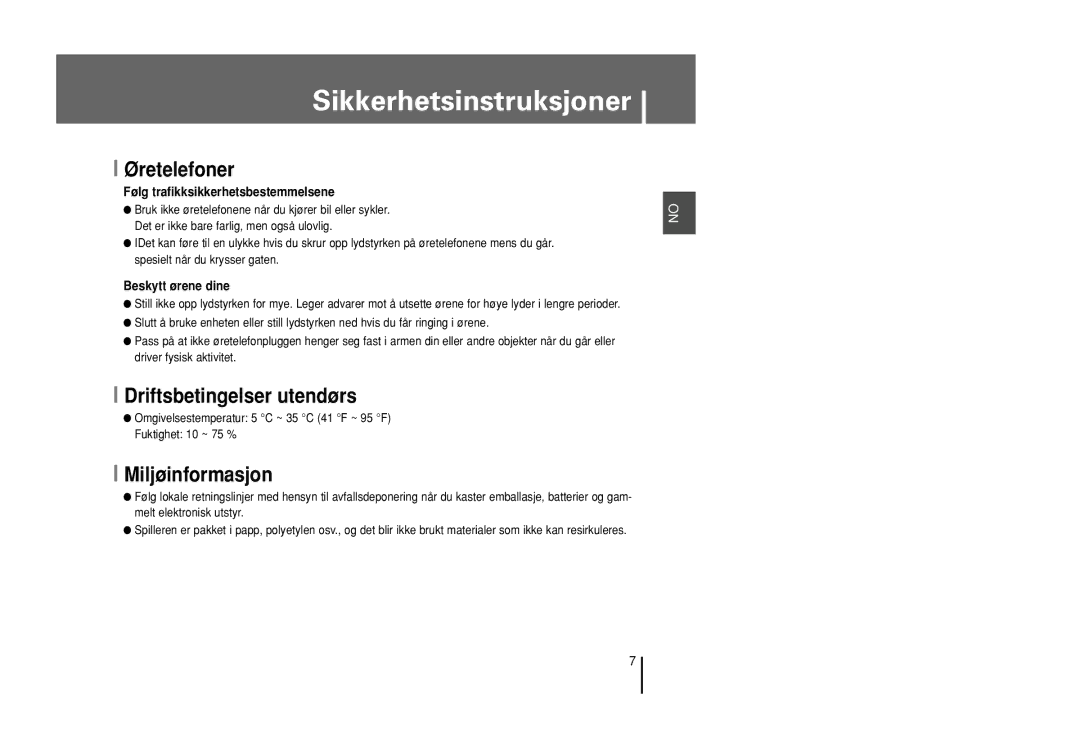 Samsung YP-U1X/ELS, YP-U1Z/ELS manual Øretelefoner, Driftsbetingelser utendørs, Miljøinformasjon 