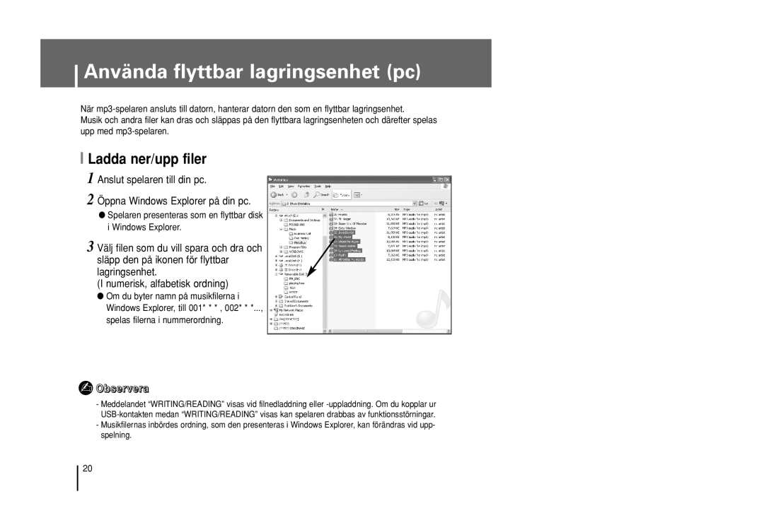 Samsung YP-U1Z/ELS, YP-U1X/ELS manual Använda flyttbar lagringsenhet pc, Ladda ner/upp filer, Observera 