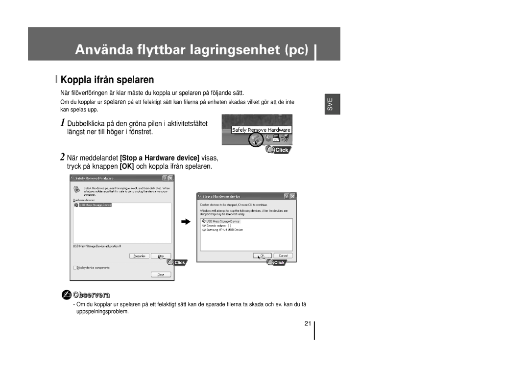 Samsung YP-U1X/ELS, YP-U1Z/ELS manual Koppla ifrån spelaren 