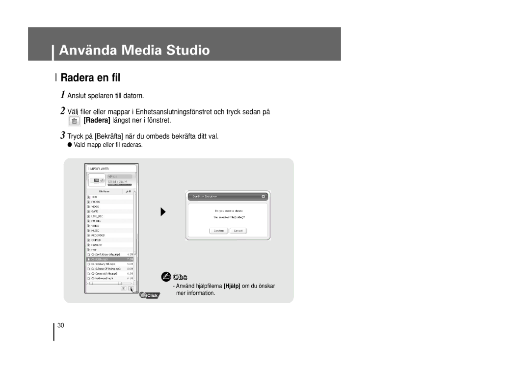 Samsung YP-U1Z/ELS, YP-U1X/ELS manual Radera en fil, Vald mapp eller fil raderas 