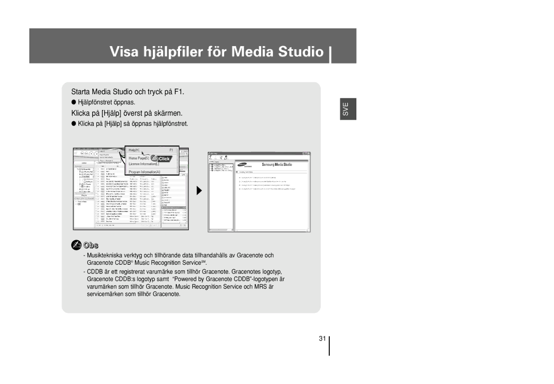 Samsung YP-U1X/ELS manual Visa hjälpfiler för Media Studio, Hjälpfönstret öppnas, Klicka på Hjälp så öppnas hjälpfönstret 