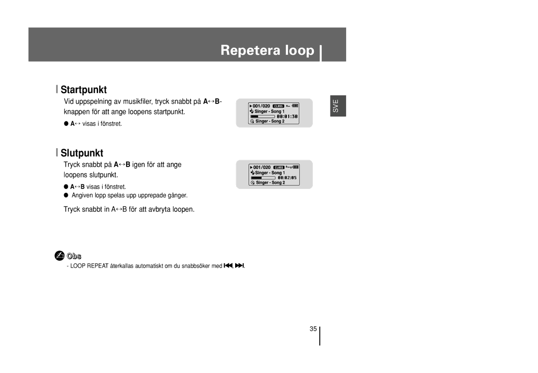 Samsung YP-U1X/ELS, YP-U1Z/ELS manual Repetera loop, Startpunkt, Slutpunkt, ↔ visas i fönstret 