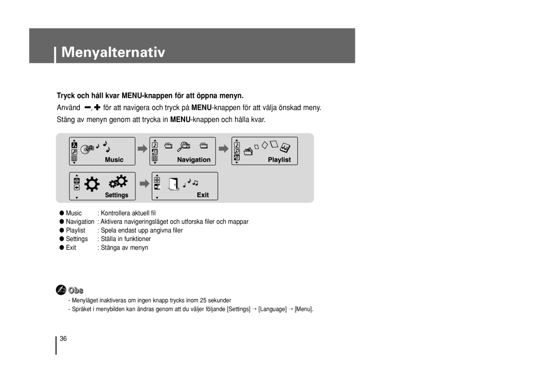 Samsung YP-U1Z/ELS, YP-U1X/ELS manual Menyalternativ, Tryck och håll kvar MENU-knappen för att öppna menyn, Music 