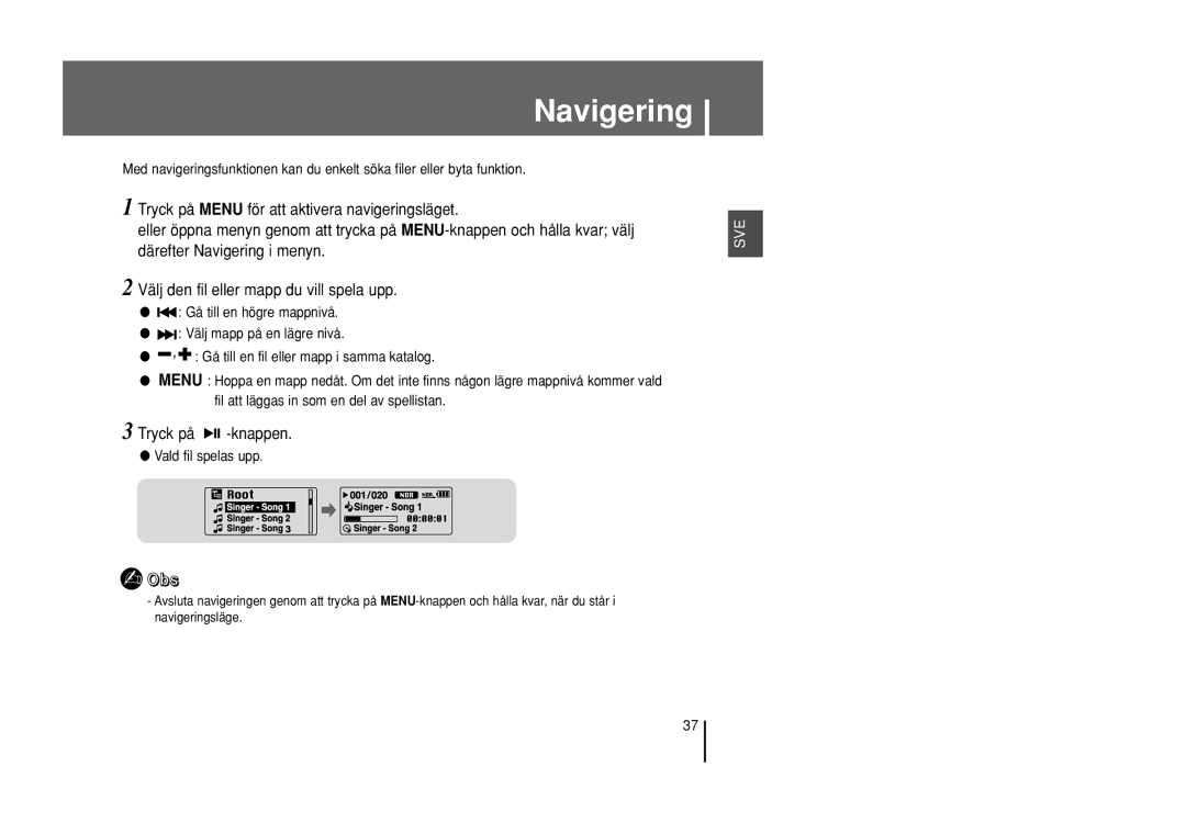 Samsung YP-U1X/ELS, YP-U1Z/ELS manual Navigering, Vald fil spelas upp 