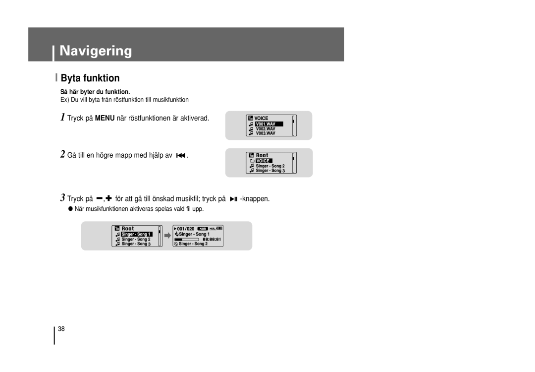 Samsung YP-U1Z/ELS, YP-U1X/ELS manual Navigering, Byta funktion, Ex Du vill byta från röstfunktion till musikfunktion 